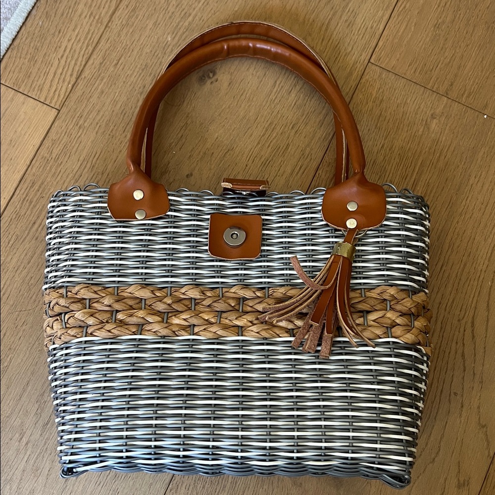 Stylish Woven navy and white Handbag with Brown Accents